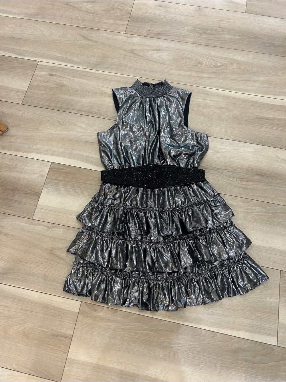 1. State Shimmery Silver Tiered Ruffle Mini Dress with Black Waistband